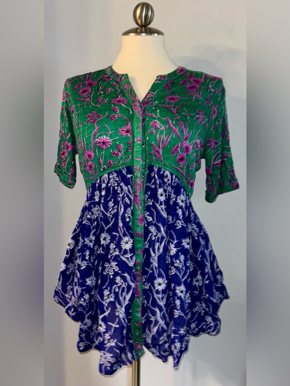 Anthropologie Green & Blue Floral Mixed-Print Button Tunic